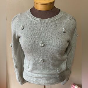 MINE Sweater Womens M Gray Speckled Pom Poms Pullover